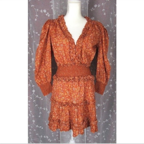 House Of Harlow 1960 Wallis Rust Peasant Western Style Smocked Dress Size XS - Picture 10 of 12